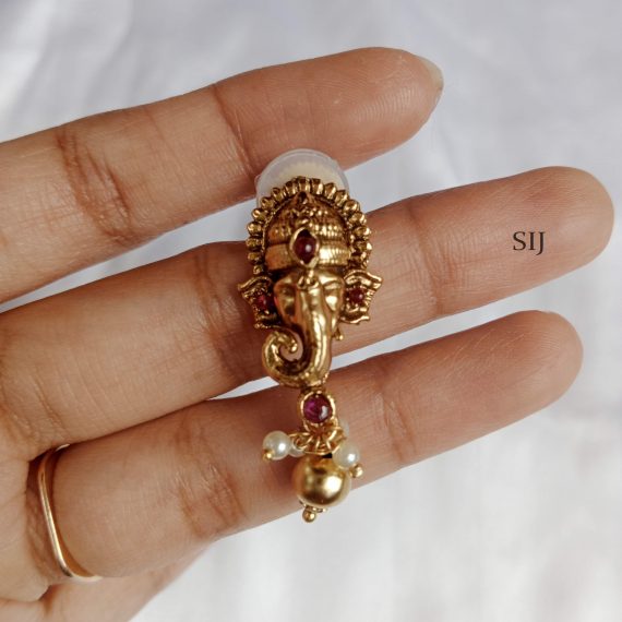 Traditional Ganesha Pendant Set with Rubies and Gold Bead Drops 01