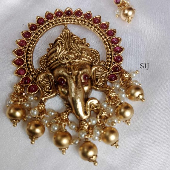 Traditional Ganesha Pendant Set with Rubies and Gold Bead Drops