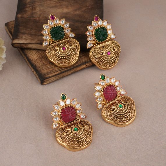 Traditional Gold Plated Stone Carved Earrings