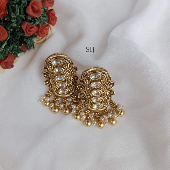 Traditional Long kundan Stone Earrings with Gold Bead Drops