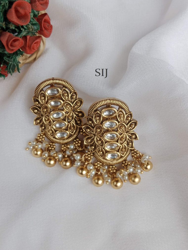 Traditional Long kundan Stone Earrings with Gold Bead Drops