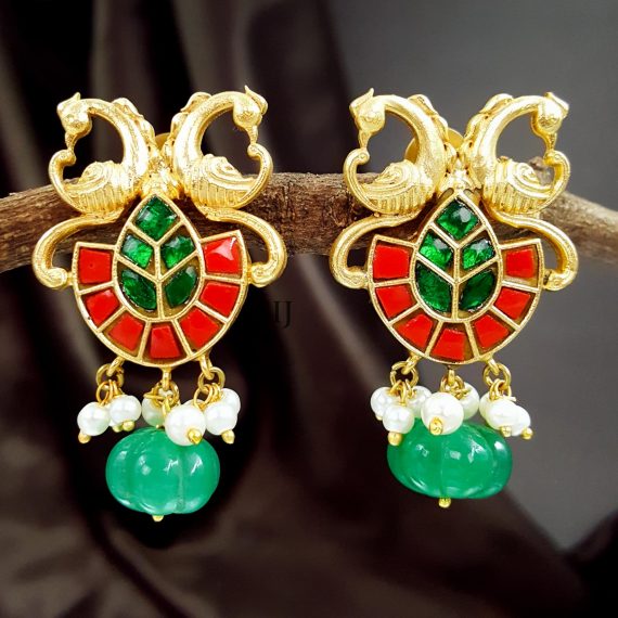 Wonderful Kundan Jadau Coral Green Stone Peacock Earrings