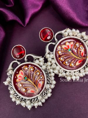 Wonderful Meenakari Maroon Stone Handmade Oxidised Earrings