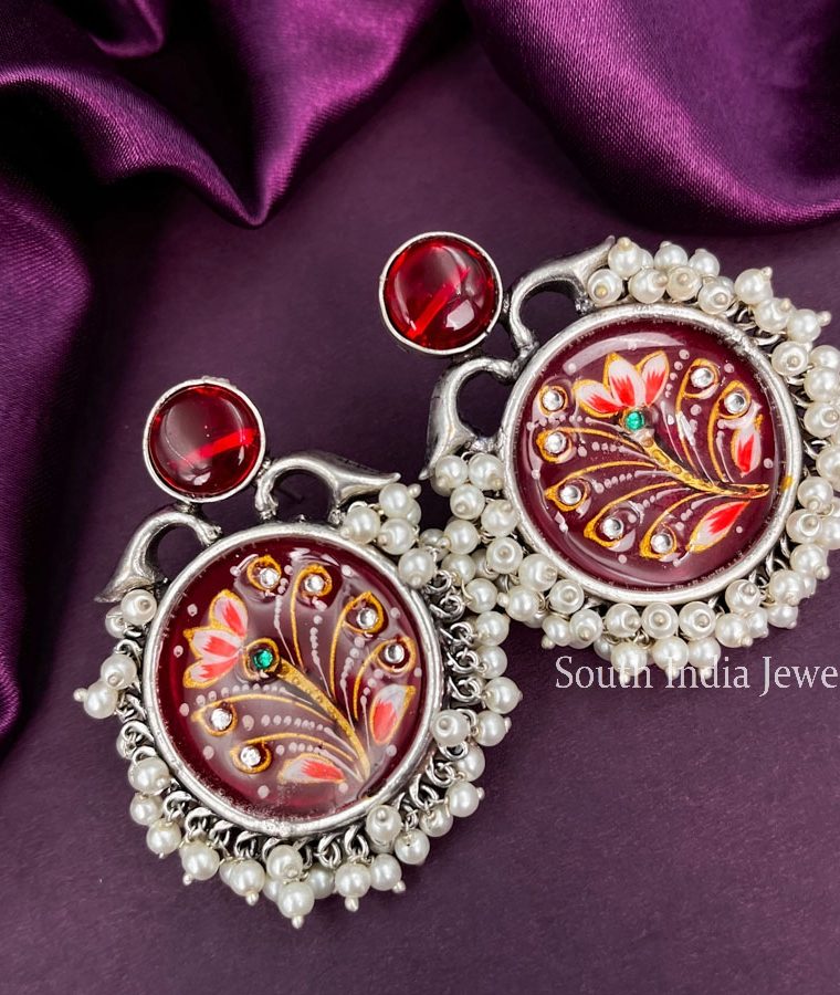 Wonderful Meenakari Maroon Stone Handmade Oxidised Earrings