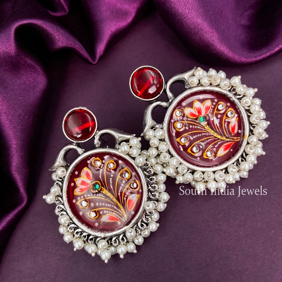 Wonderful Meenakari Maroon Stone Handmade Oxidised Earrings