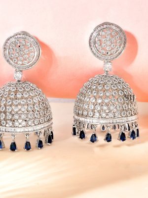Silver-Plated Blue AD Studded Crystal Jhumkas