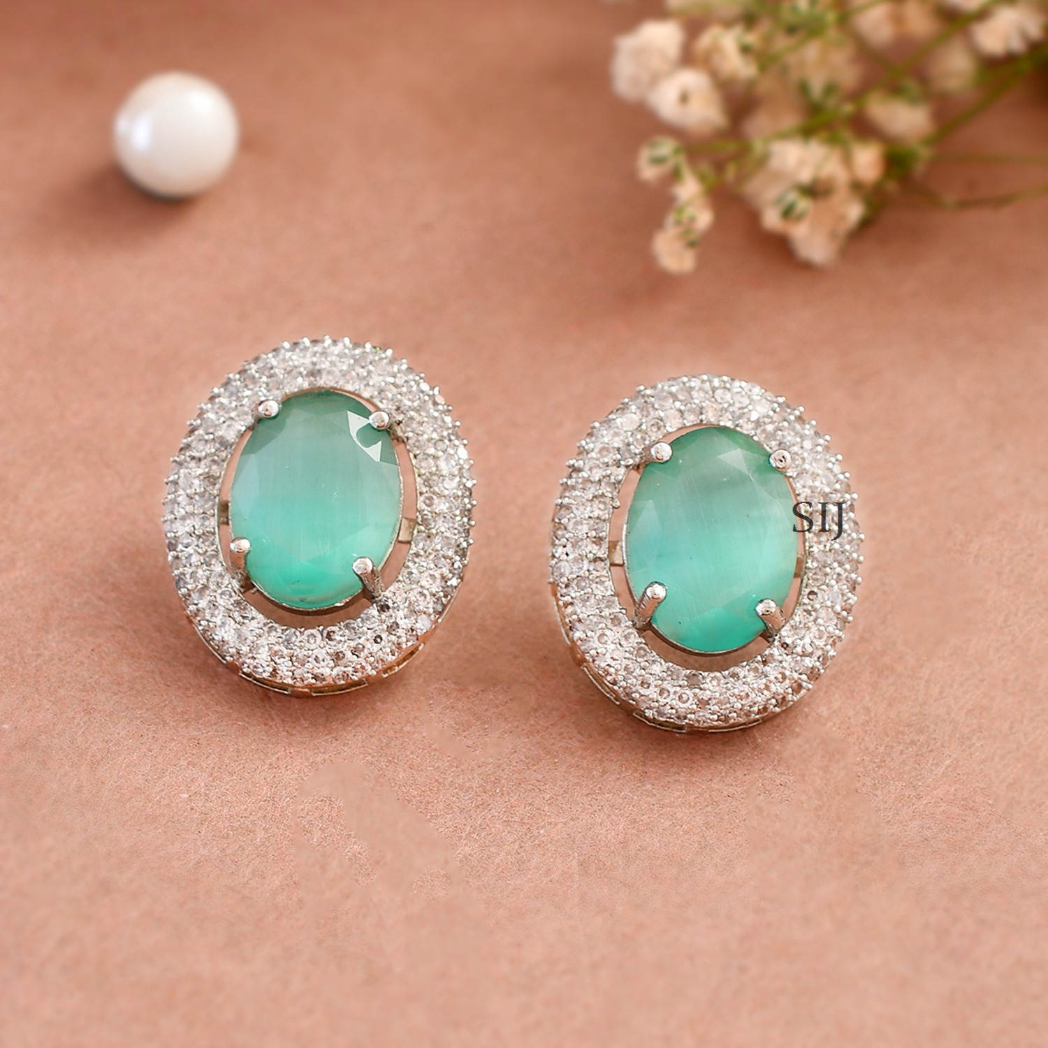 Silver-Plated AD Studded Mint Contemporary Stud Earrings