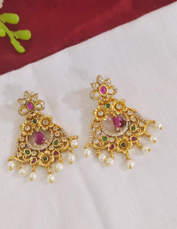 Alluring AD Ruby Emerald Chandbali With Pearls Earrings