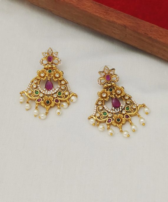 Alluring AD Ruby Emerald Chandbali With Pearls Earrings