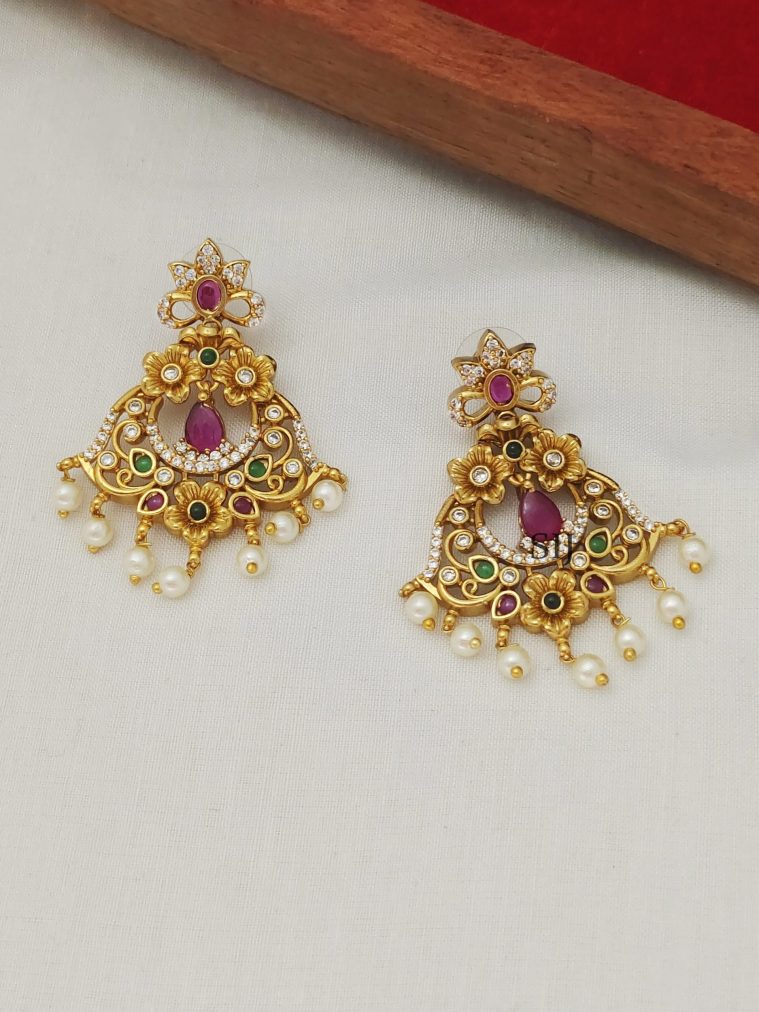 Alluring AD Ruby Emerald Chandbali With Pearls Earrings