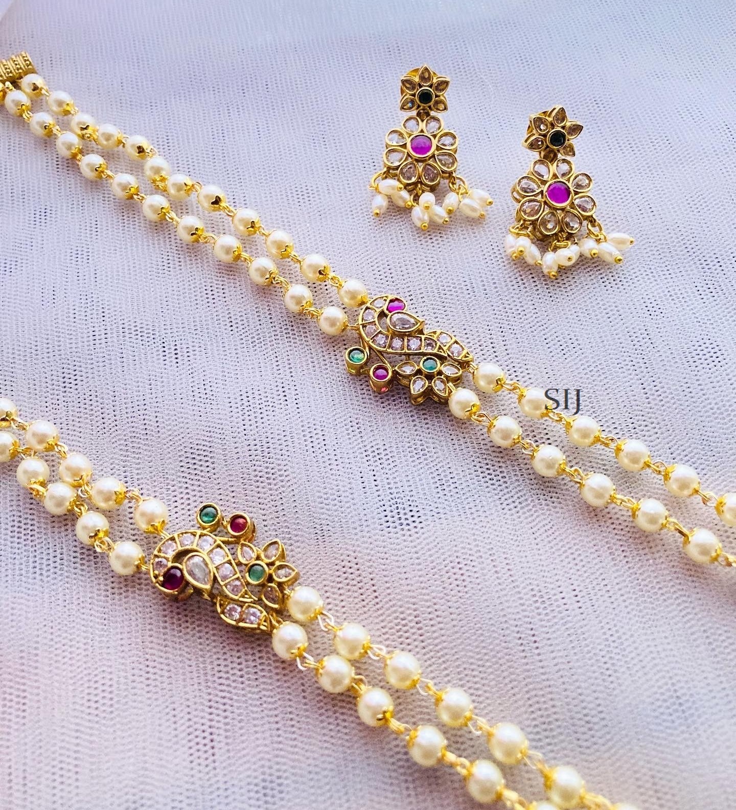 Alluring Dual Line Pearl Long Necklace Set