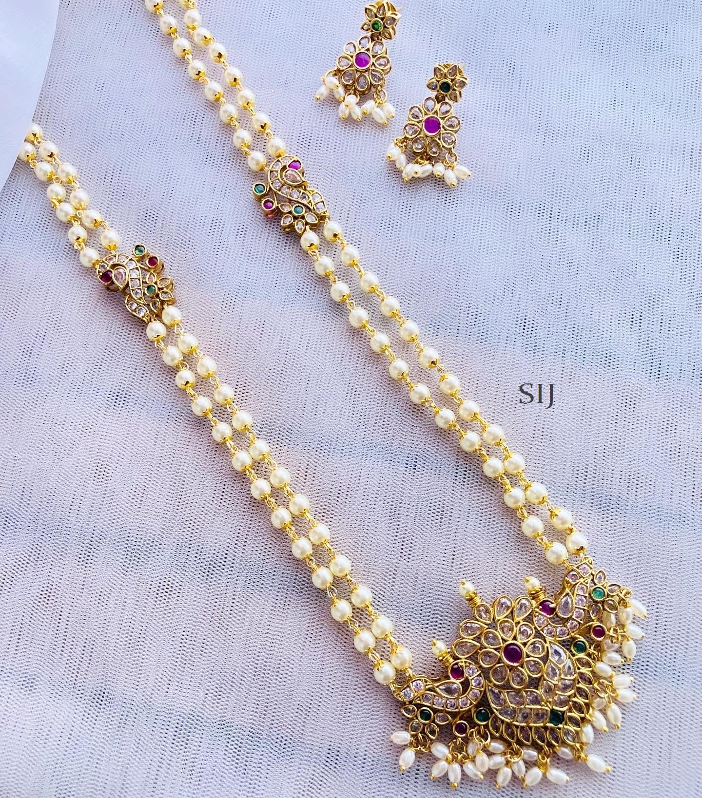 Alluring Dual Line Pearl Long Necklace Set
