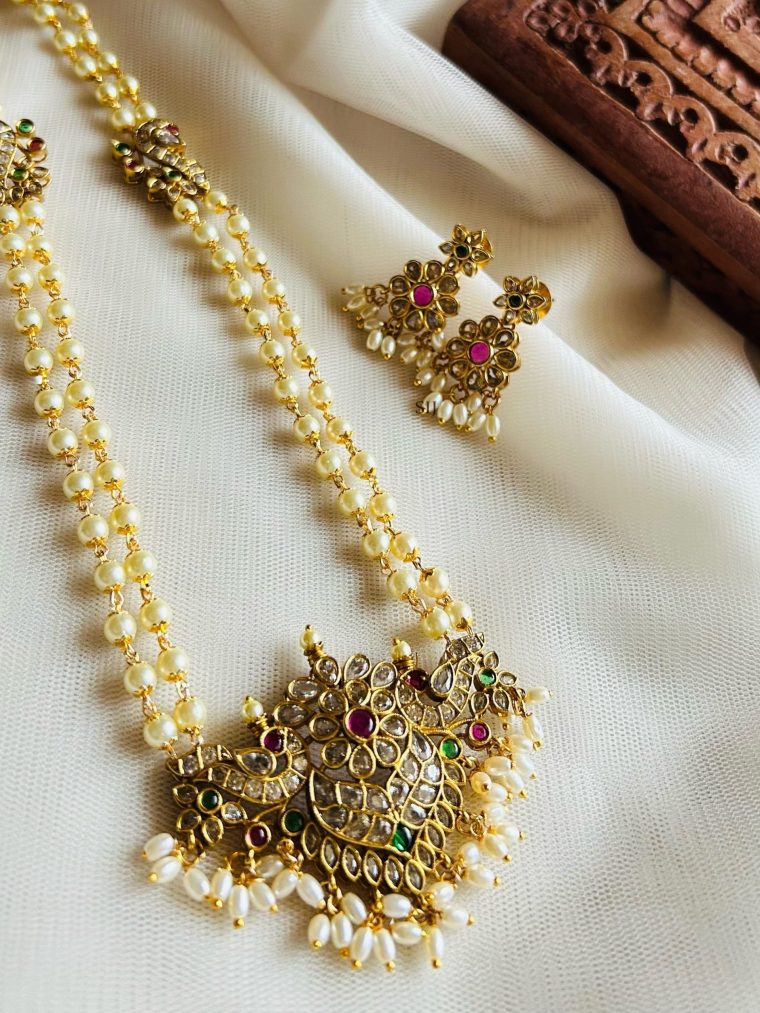 Alluring Dual Line Pearl Long Necklace Set