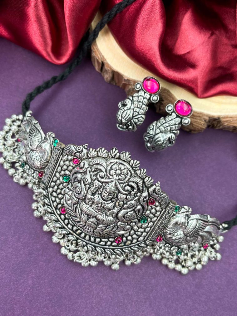 Amazing Peacock Lakshmi German Silver Choker Set