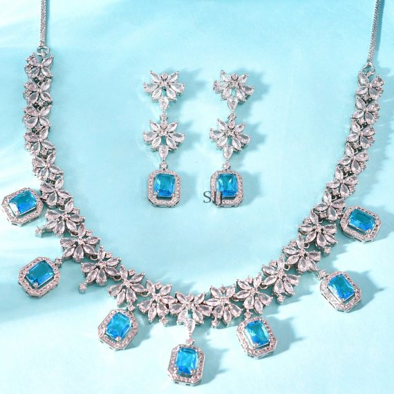 Bllue And White AD Stones Silver Plated Necklace Set - South India Jewels