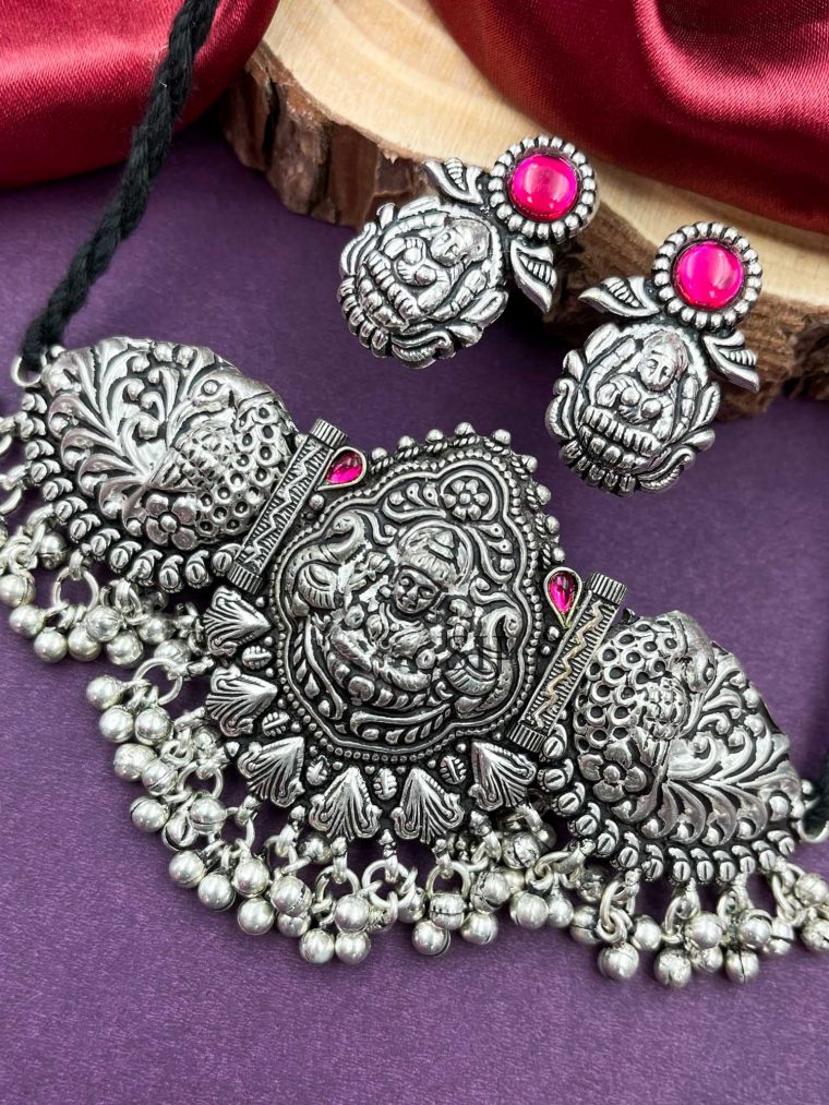 Cute Peacock Lakshmi German Silver Choker Set