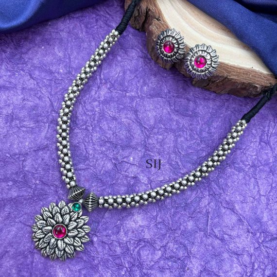 Daisy Flower Pink Stone German Silver Necklace Set
