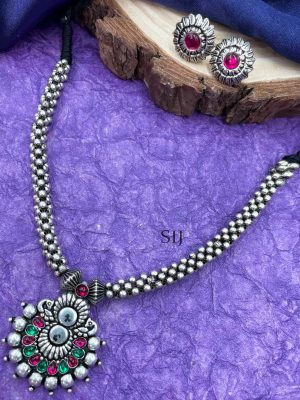 Double Peacock Round Pendant German Silver Necklace Set