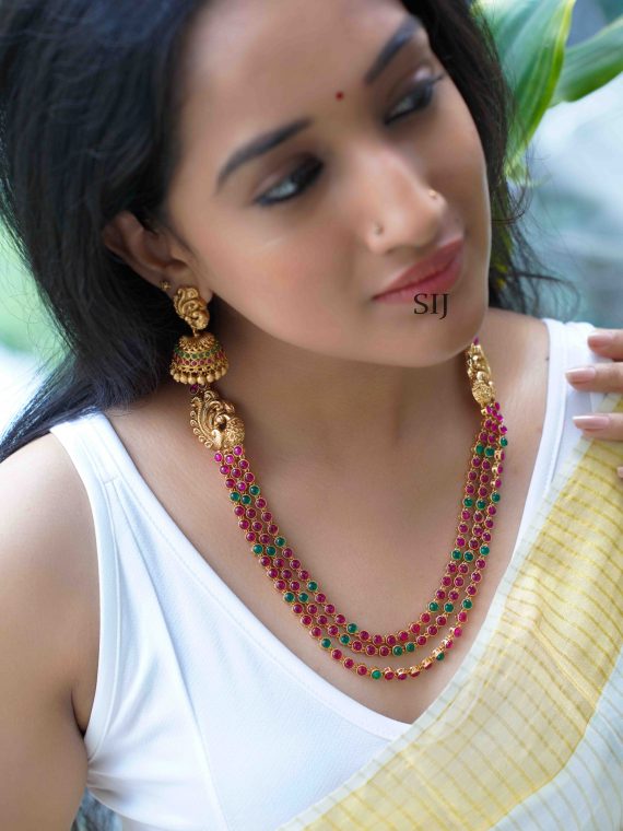 Elegant Kemp Stones Peacock Design Ruby Haram Set - South India Jewels
