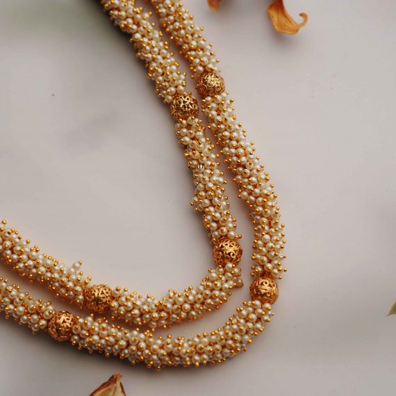 Golden Double Layer Cluster Pearl Necklace