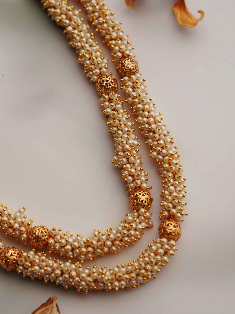 Golden Double Layer Cluster Pearl Necklace
