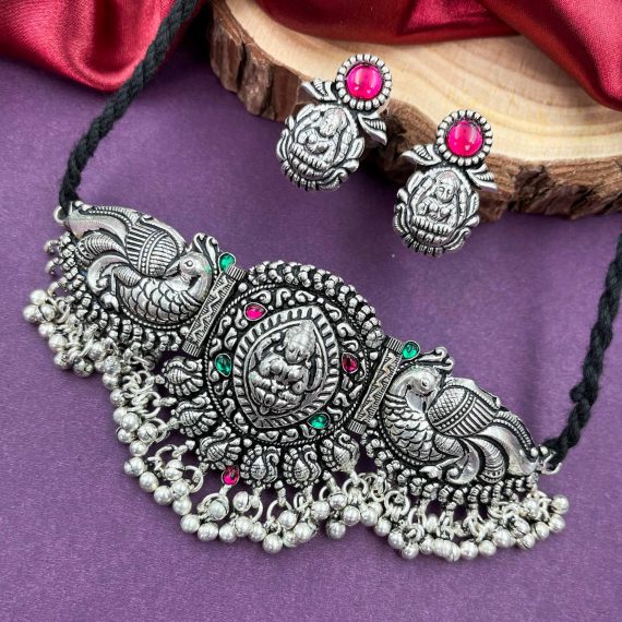 Gorgeous Peacock Lakshmi German Silver Choker Set