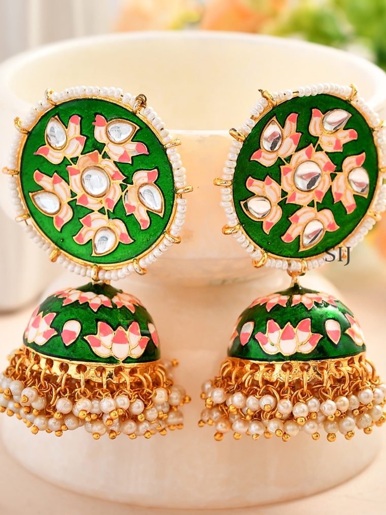 Green Pink Meenakari Chandbali Earrings