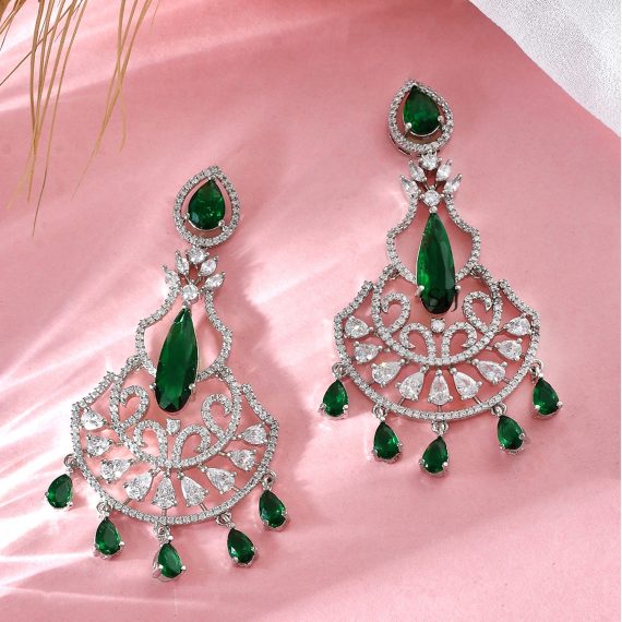Green and White AD Stones Silver Plated Earrings