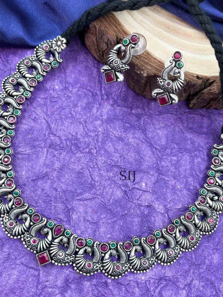 Marvelous Side Peacock Oxidised German Silver Necklace Set