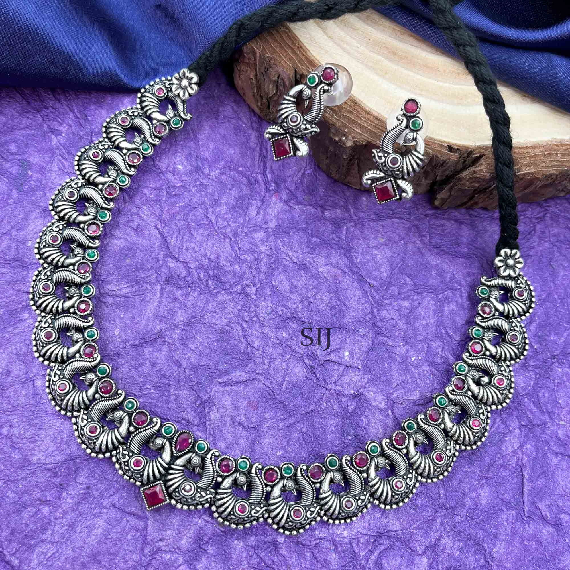 Marvelous Side Peacock Oxidised German Silver Necklace Set - South India  Jewels