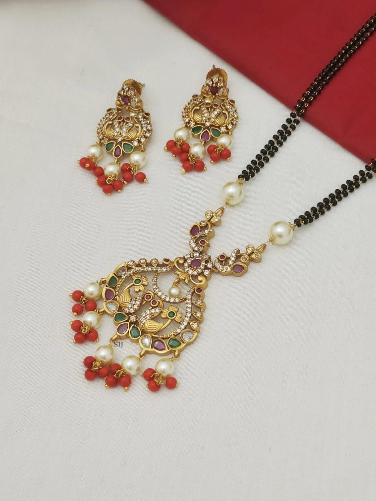 Matt Gold Coral and Black Beads Mangalsutra