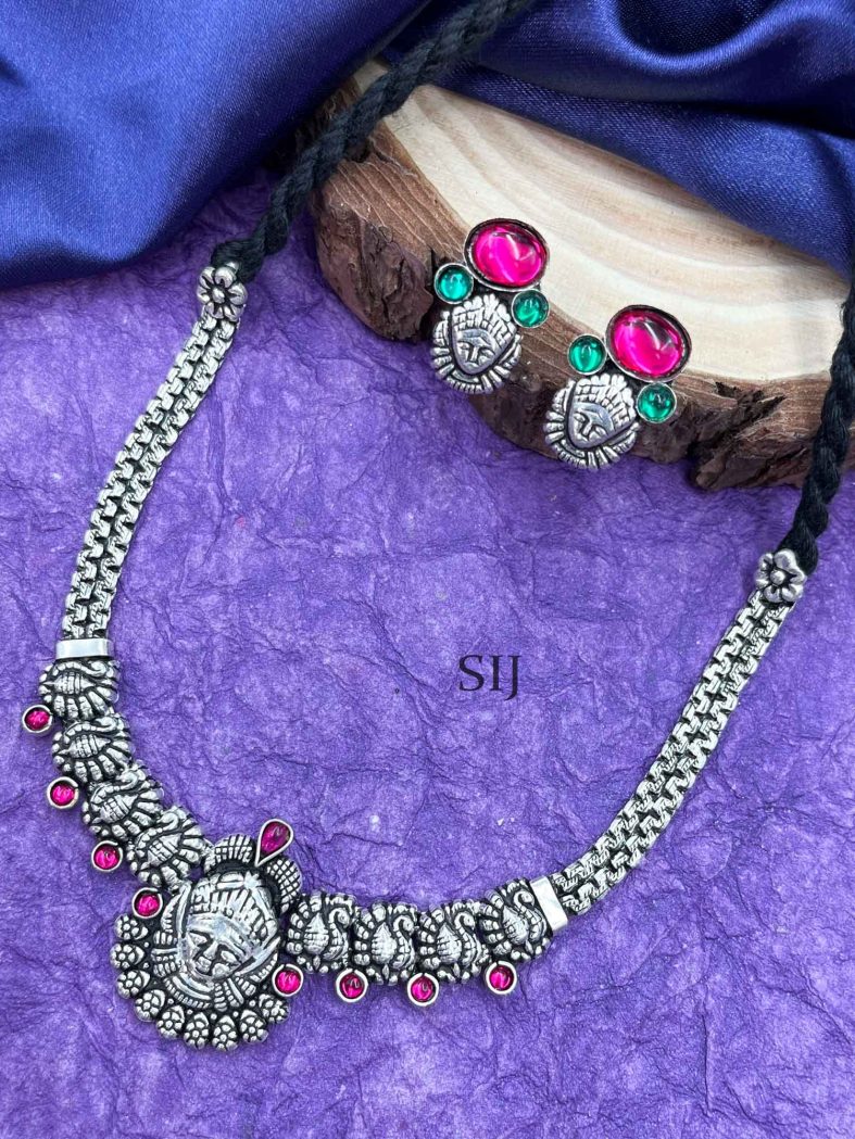 Peacock And Maa Durga German Silver Necklace Set