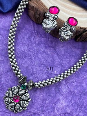 Peacock Pink Stone Oxidised German Silver Necklace Set
