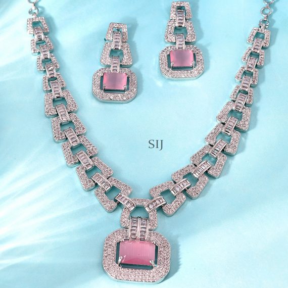 Pink And White AD Stones Silver Plated Necklace Set