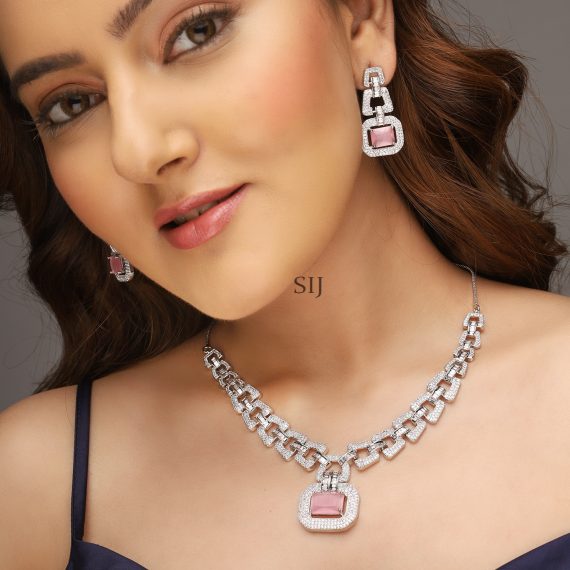 Pink And White AD Stones Silver Plated Necklace Set