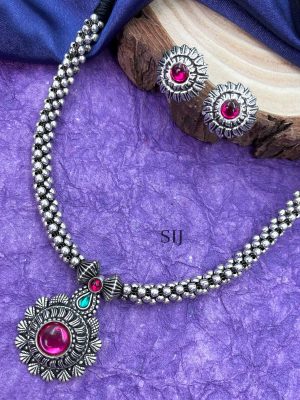Pink Stone Pendant Oxidised German Silver Necklace Set