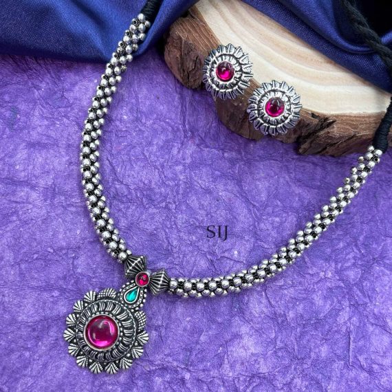 Pink Stone Pendant Oxidised German Silver Necklace Set
