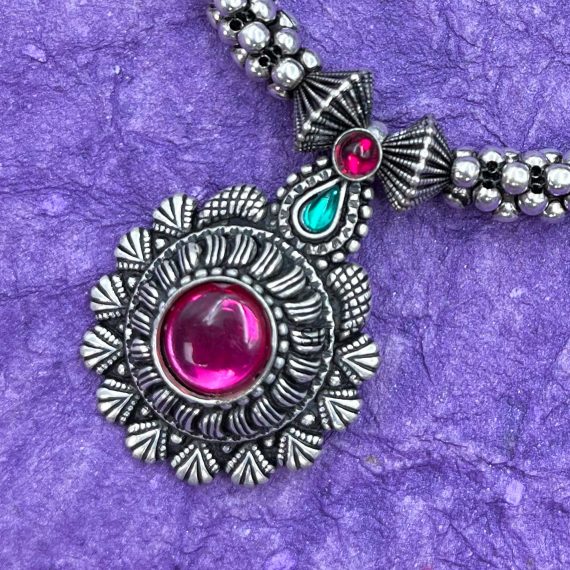 Pink Stone Pendant Oxidised German Silver Necklace Set