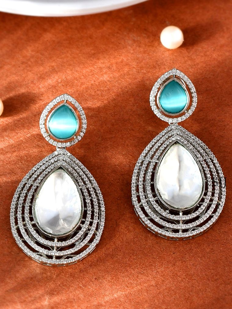 Sea Blue And White Polki AD Studded Tear Drop Earrings