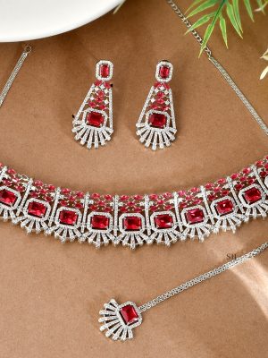 Silver-Plated AD Stone-Studded Handcrafted Red Necklace