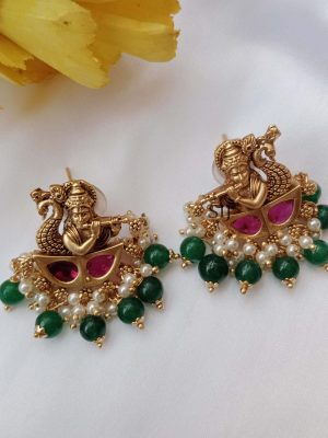 Traditional Krishna Earrings With Green Bead Drops