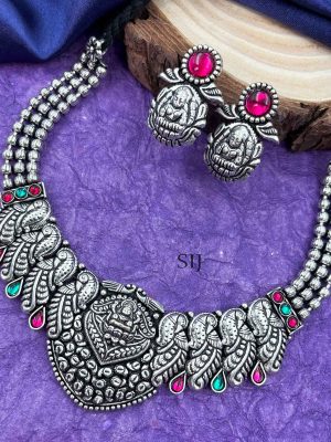 Traditional Lakshmi Peacock German Silver Necklace Set