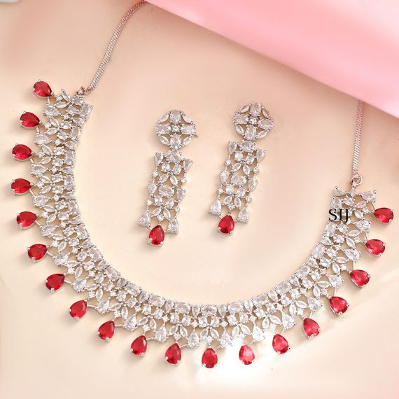 White And Red CZ Stone Studded Silver Toned Choker