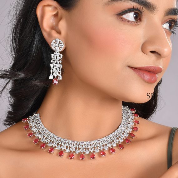 White And Red CZ Stone Studded Silver Toned Choker