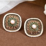 White Beaded Square Meenakari Green Studs Earrings