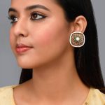 White Beaded Square Meenakari Green Studs Earrings