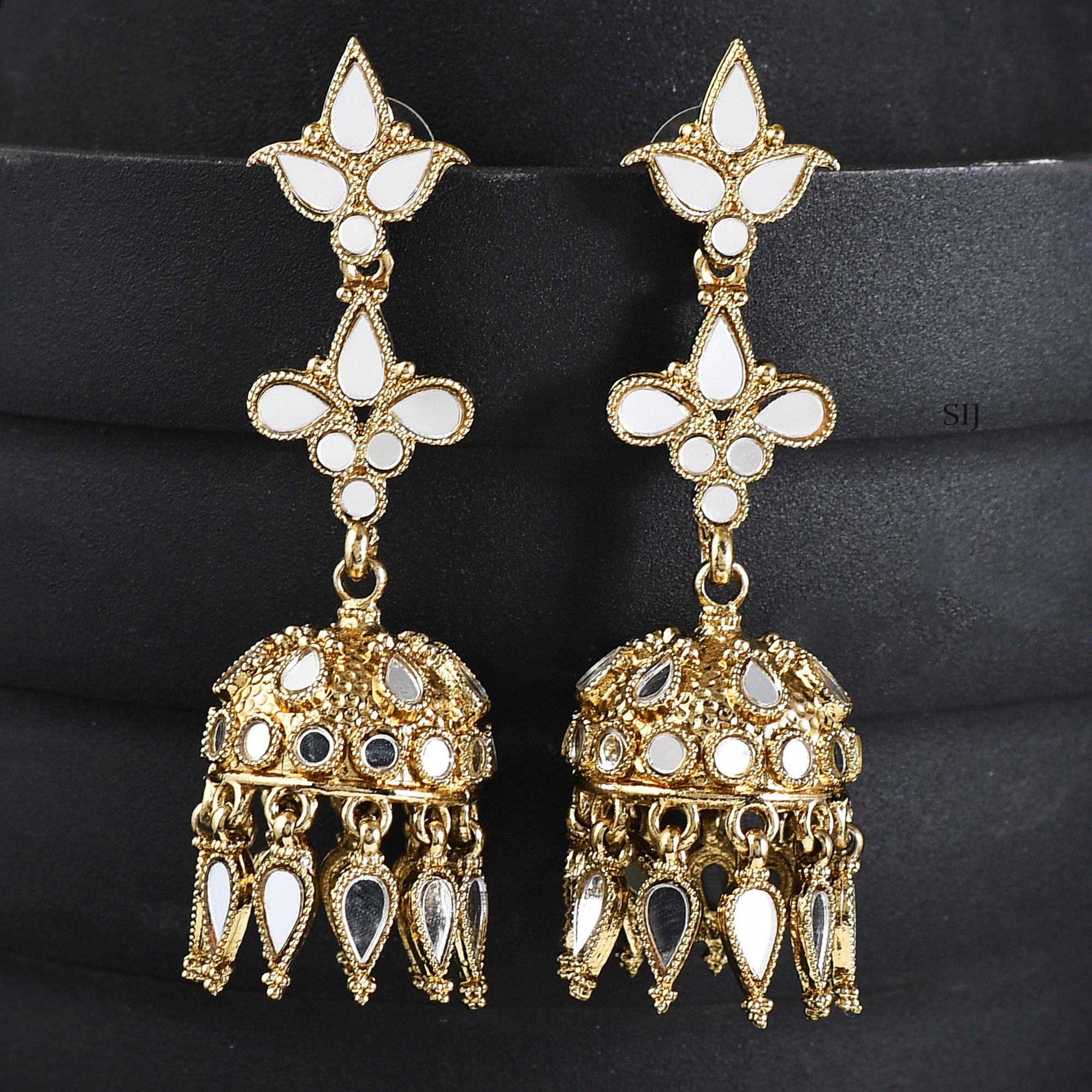 Mirror Studded Drop Earrings with Small Jhumkas Gold