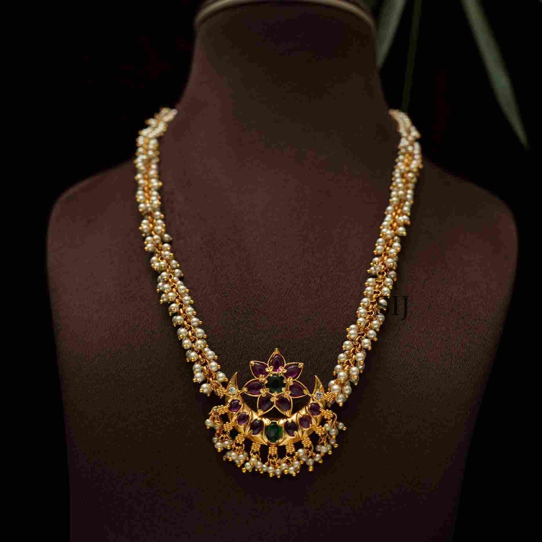 Alluring Pearl Necklace With Half Moon Pendant - South India Jewels