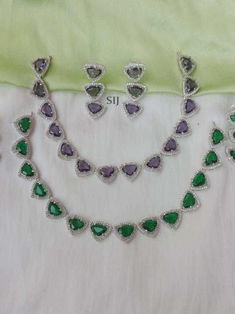 Attractive Triangle Design Purple or Green Stones Necklace