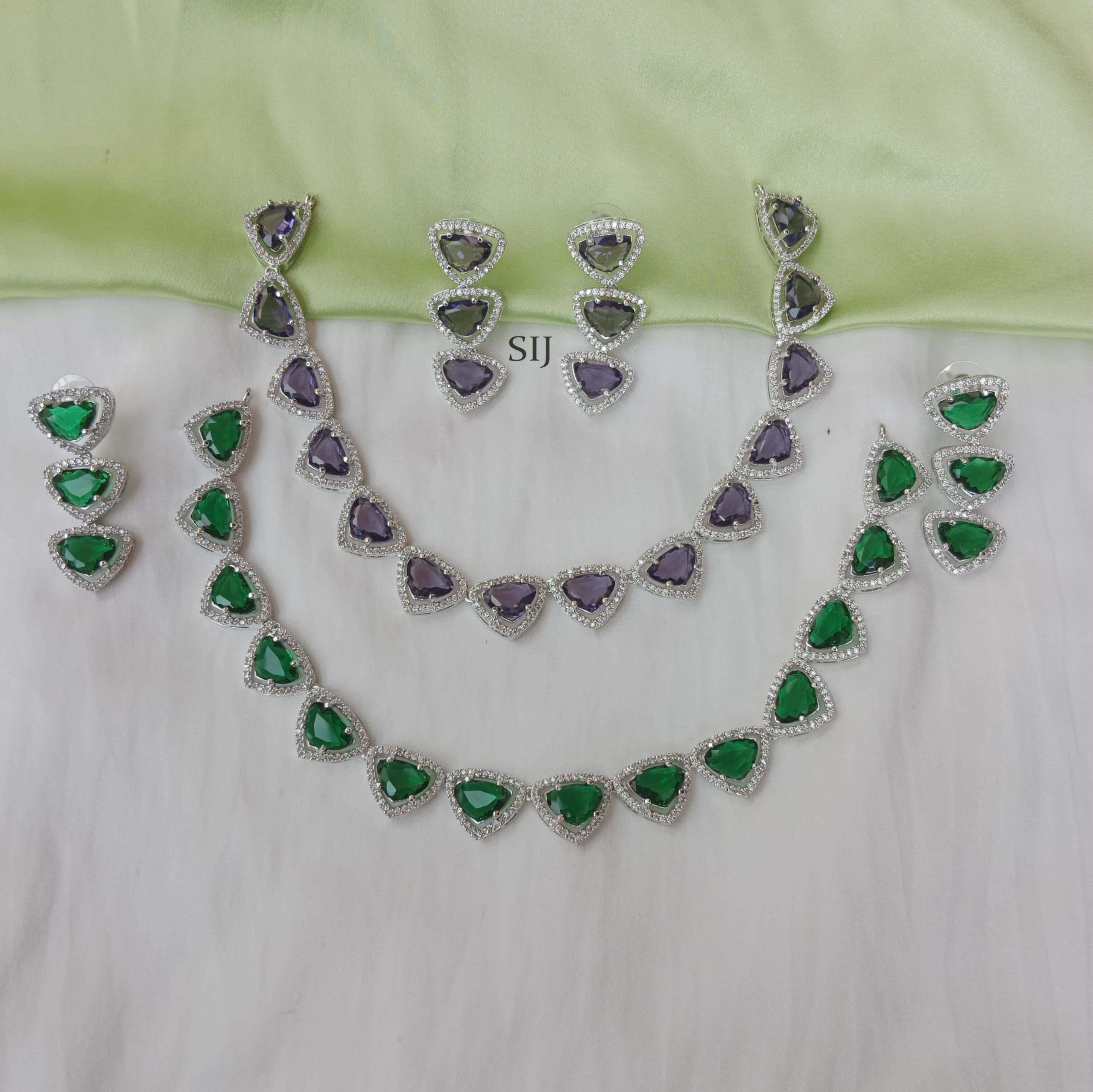 Attractive Triangle Design Purple or Green Stones Necklace